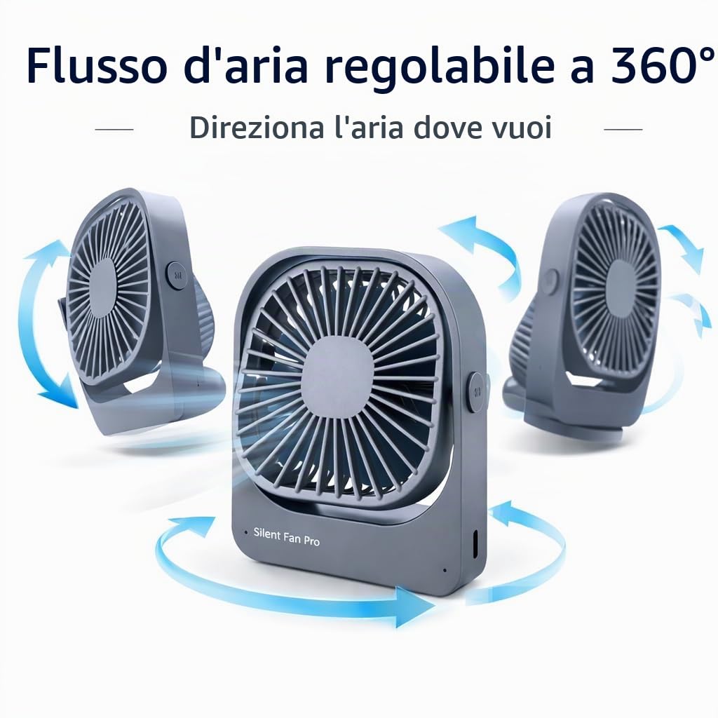 Ventilatore Silenzioso da Tavolo, 3 Impostazioni di Velocità, Unga Durata, Ventola di Raffreddamento Portatile per Uufficio, Casa, Dormitorio - F102 (Grigio-Senza fili)