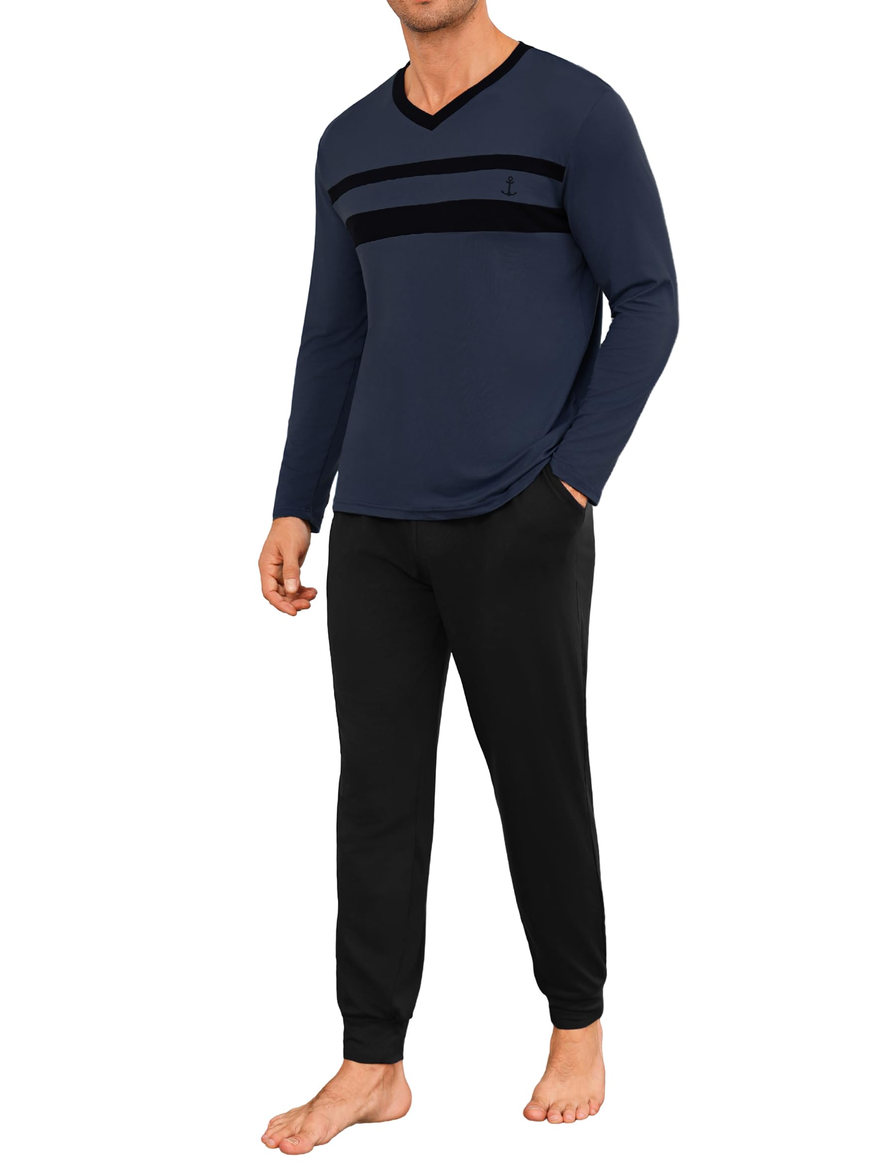 Marvmys Herren Schlafanzug Lang Gestreifter Zweiteiliger Pyjamas Set | V-Ausschnitt , Bequem, Kontrastfarben, Langarm Shirt mit Tasche und BündchenHerbst-Hauskleidung