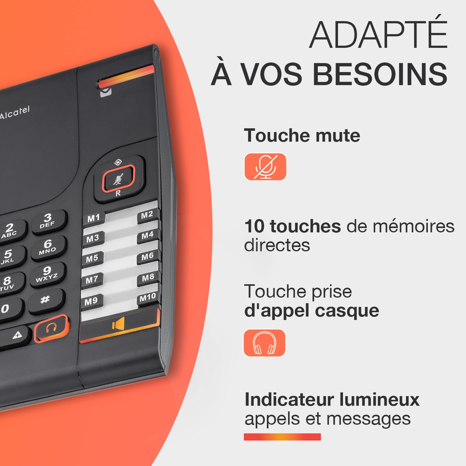 ALCATEL Temporis 380 PRO - Téléphone Fixe Filaire Professionnel - Bibloc - Mains Libres - Indicateur Lumineux - Volume Réglable - Touche Rappel & Mute - Installation Mur - 10 Mémoires Directes - Noir