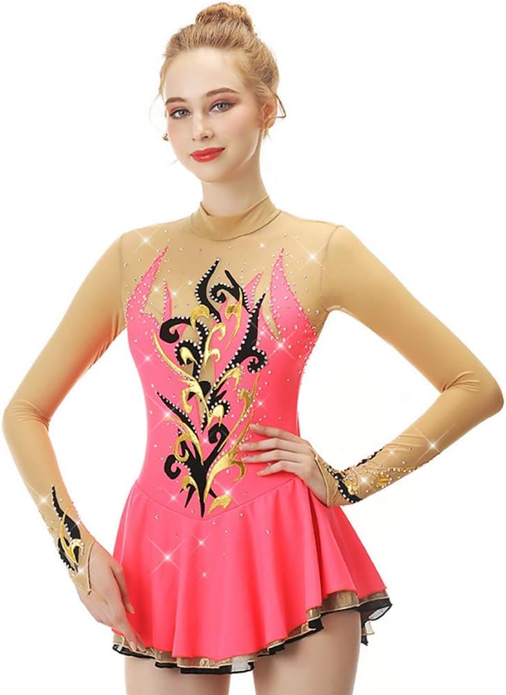 Women's Ice Figure Skating Dress Girls' Hook Sleeves Rhythmic Gymnastics Leotards Performance Competition Clothing