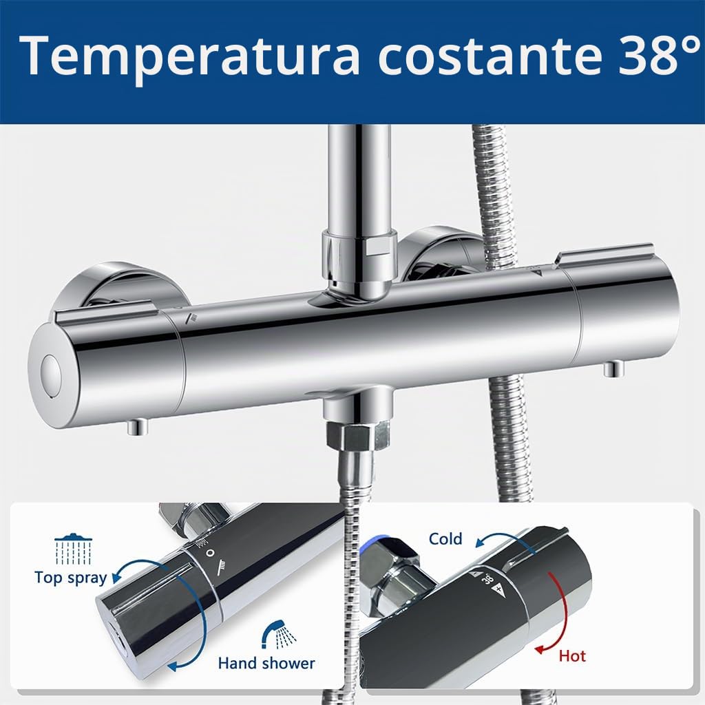 AICA ITALY Colonna Doccia con Miscelatore Termostatico, Saliscendi Doccia Regolabile 80-116cm, Soffione Doccia Anticalcare 20X20cm Acciaio Inox con Cromatura, Argento