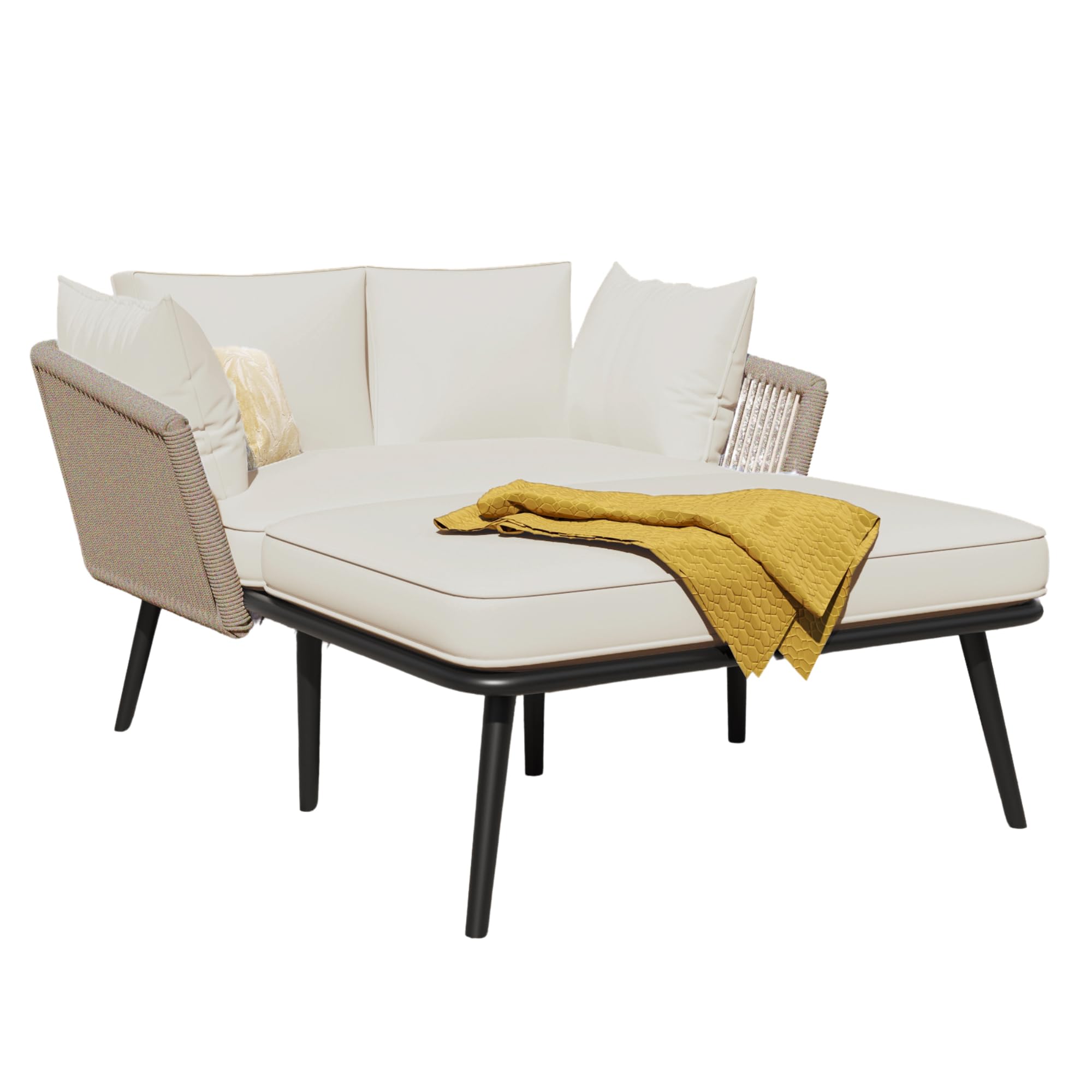 Salon De Jardin avec Canapé 2 Coussins Et 2 Polsters, Transformable en Chaise Longue, Ensemble Balcon Terrasse, Coussins Amovibles Lavables Beige