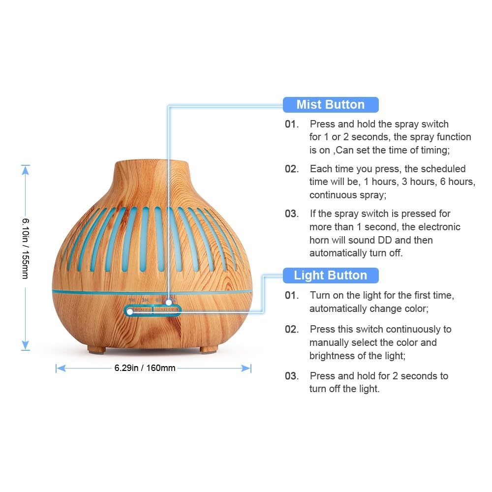 Essential Oil Diffuser, Aromatherapy Diffuser 500ml with Remote Control, 4 Timer & Auto-Off Safety Switch, 7 Color LED Lights Mode, 10 Hours Quiet Humidifier for Bedroom, Office & Home (G.Light Brown)