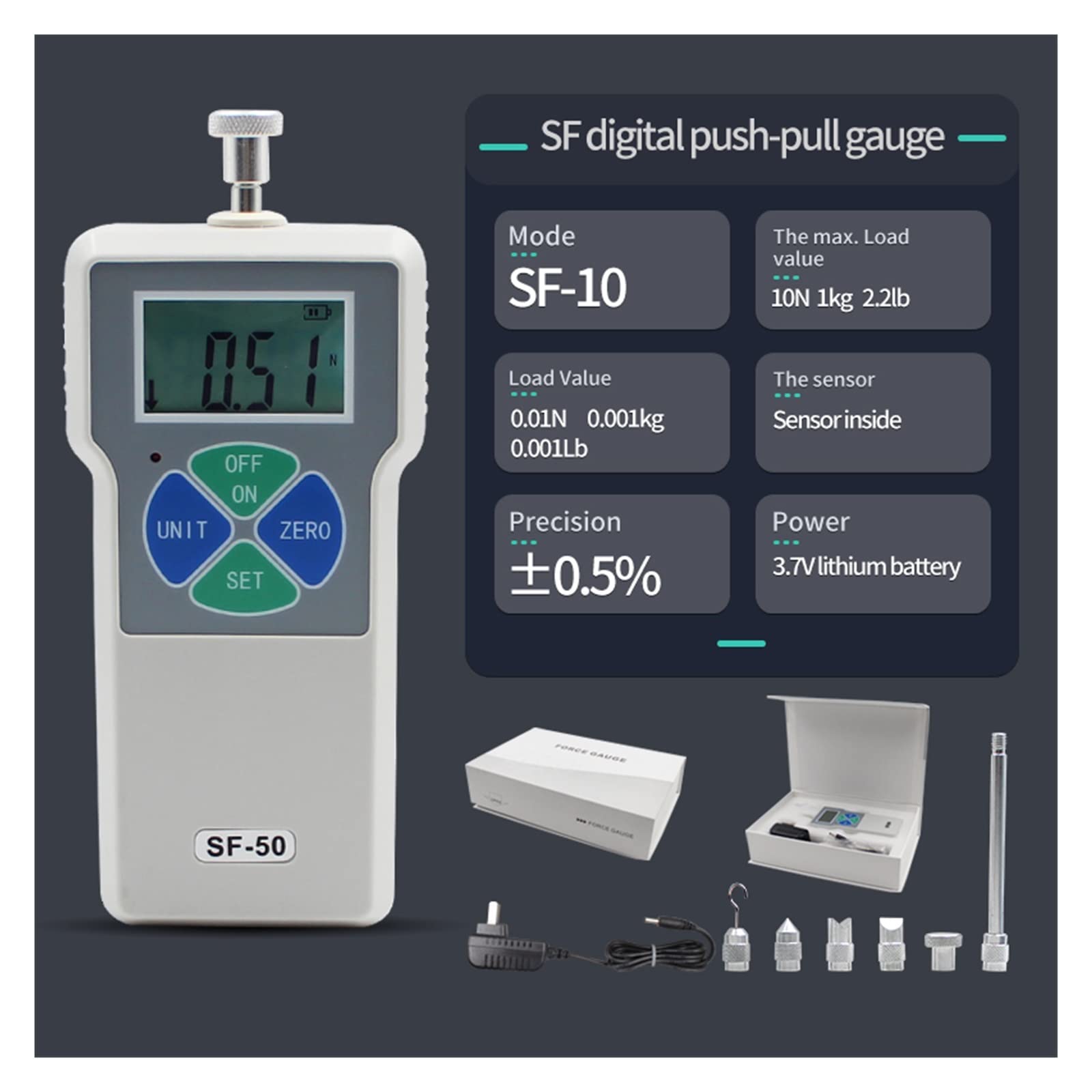Medidor de fuerza digital 200N Force Tester Gauge Meter Medidor de fuerza digital Cuatro unidades Lb, N, Kg, Portable Pull Push Force Gauge Instrumento de medición Dinamómetro(SF-10)