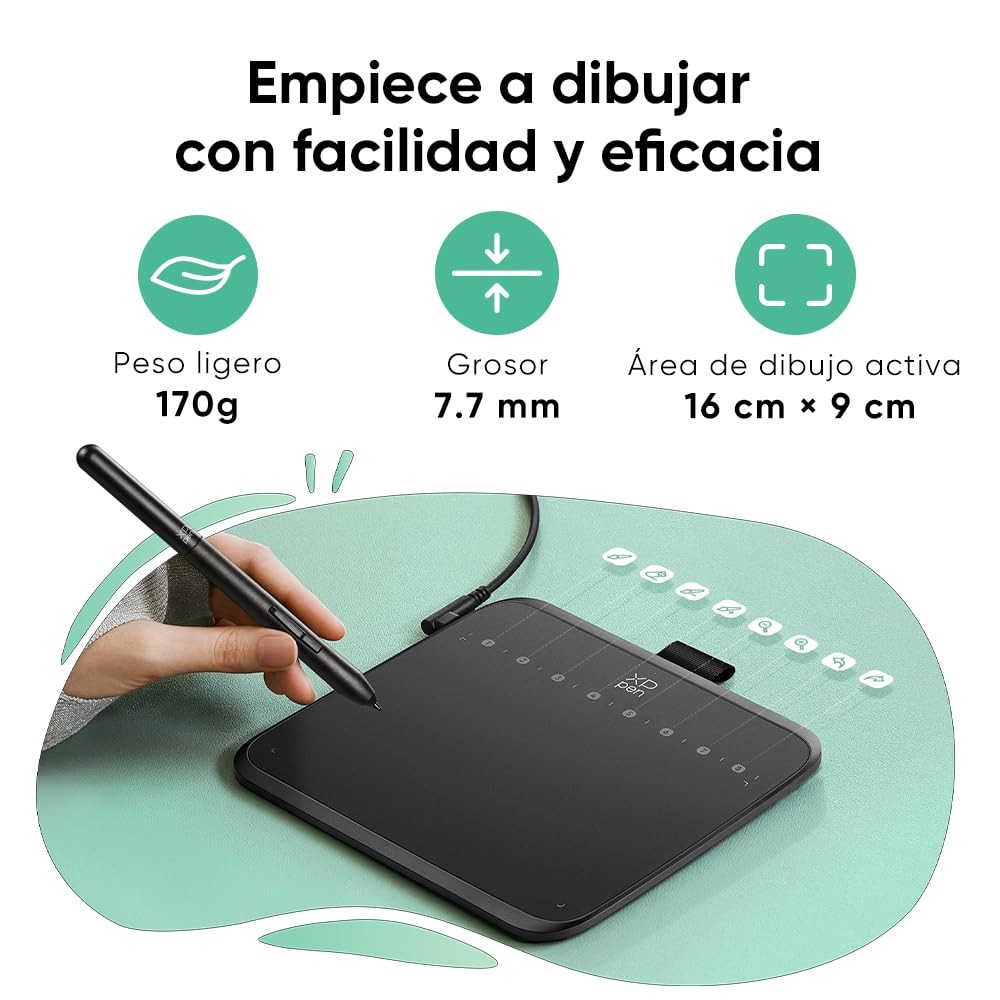 XPPen Deco 640 Tableta Gráfica Portátil 16K Niveles Inclinación 60°, Tableta Gráfica Dibujo Digital para OSU Compatible con Windows, macOS, Android, Chrome OS, Linux, Área Activo 16 cm x 9 cm