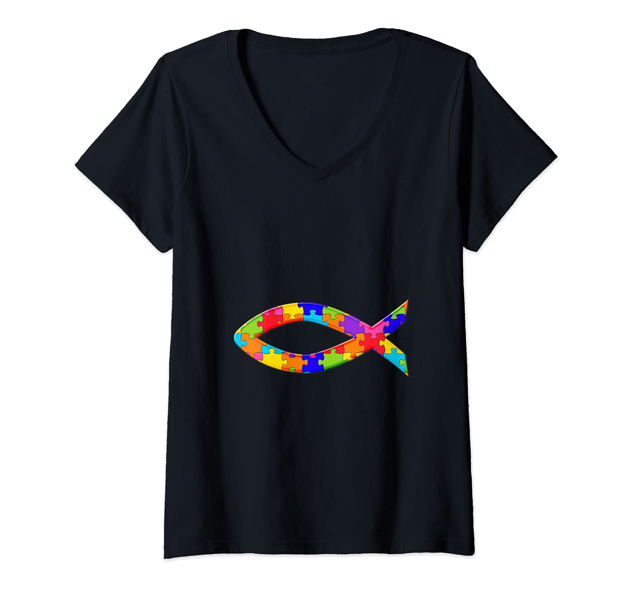 Womens Ichthy fish, Jesus Christ Christianity Jigsaw Autism Puzzle V-Neck T-Shirt