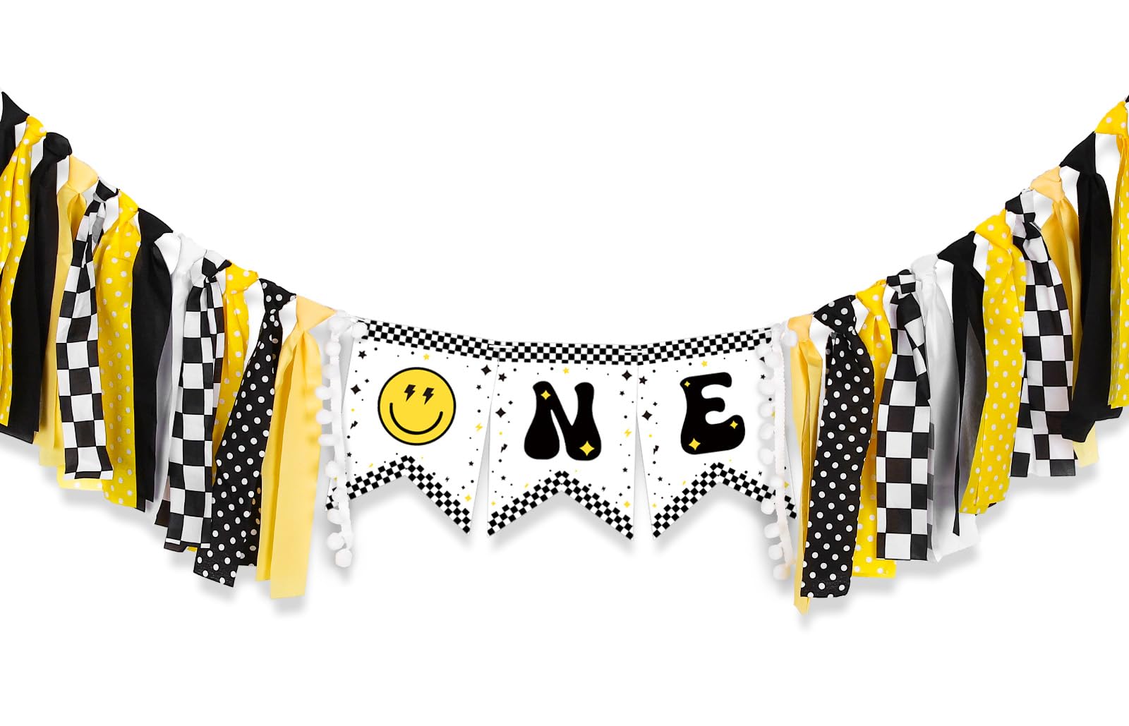 JarThenaAMCS One Happy Dude High Chair Banner First Highchair Banner for 1st Birthday Decorations Garland Groovy Hippie Lightning Smile Face Party