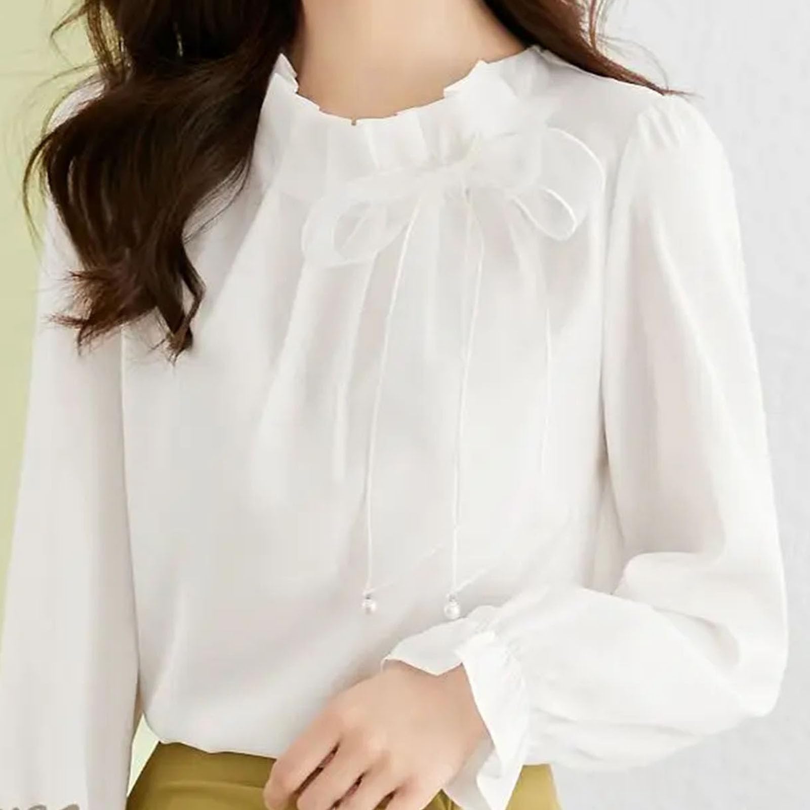 Blusa de gasa plisada con lazo y cuello redondo para mujer, diseño de color sólido, camiseta de manga larga que combina con todo