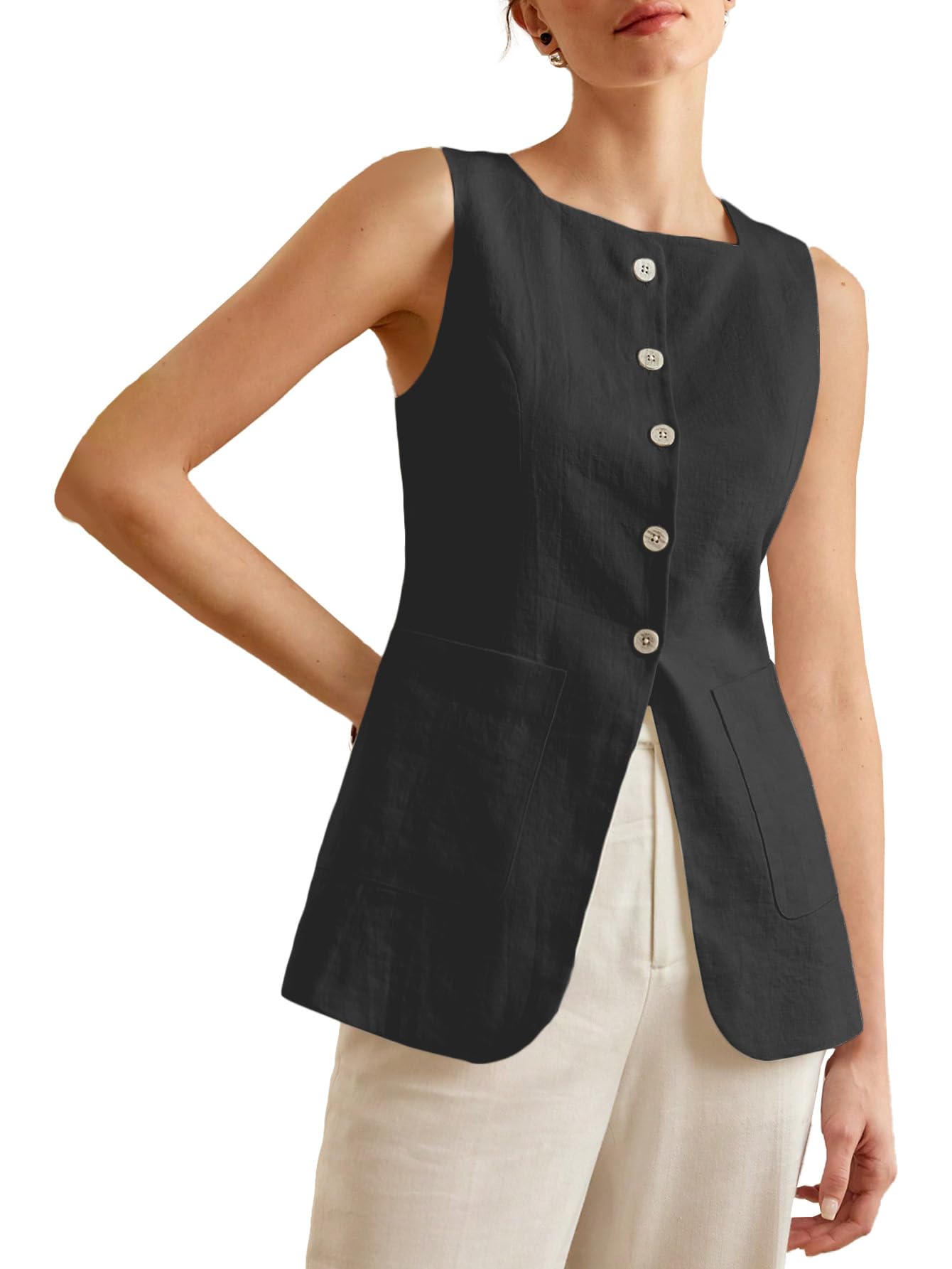 Mina Self 2025 Womens Summer Long Linen Vest Sleeveless Lightweight Fully-Lined Single Breasted Casual Work Tops Pockets