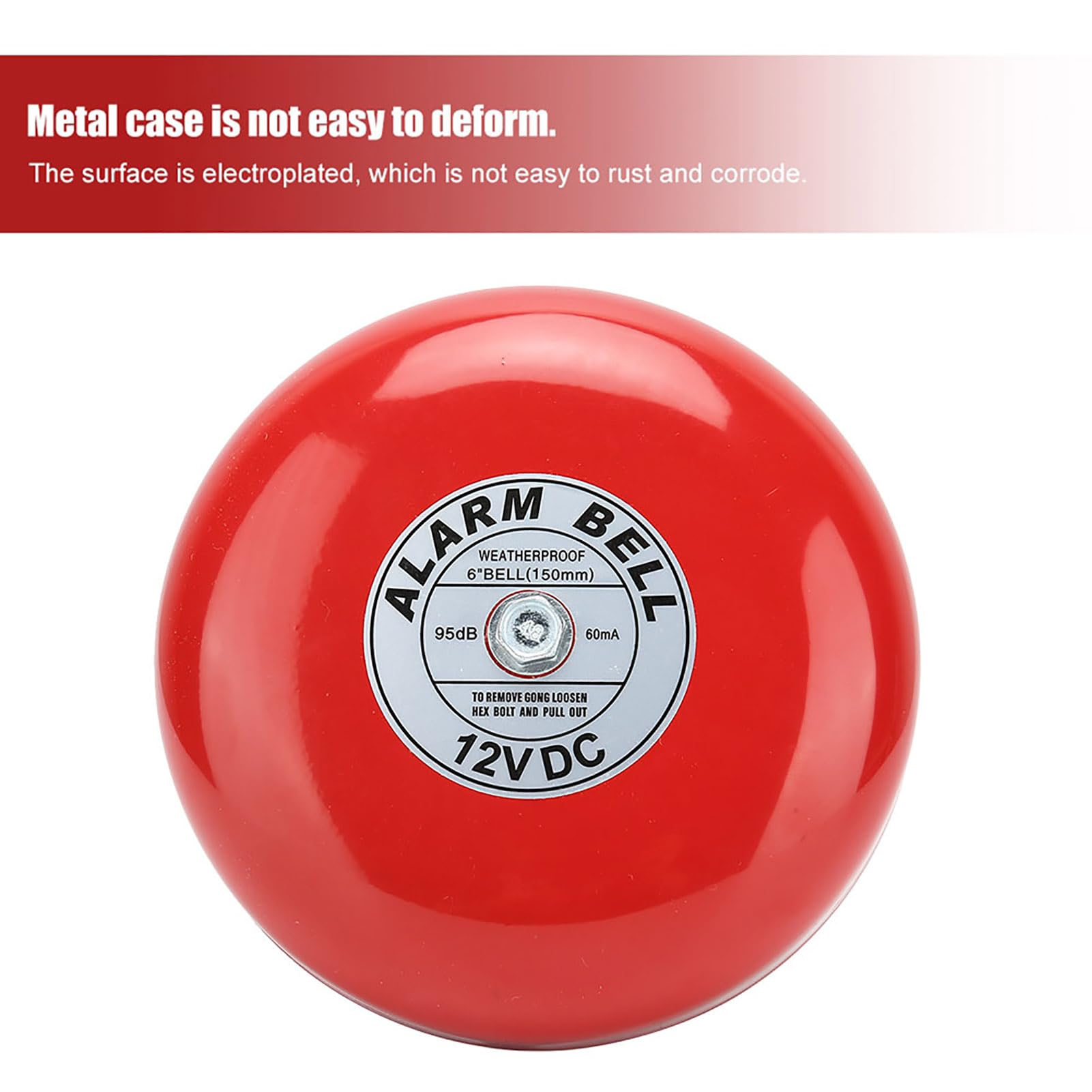Cloche d'Alarme Incendie Intérieure en Acier Inoxydable 12V 6 Pouces (Technologie de Galvanoplastie, Coque en Carbure) Sonnette d'Alerte Feu Corrosion Résistante