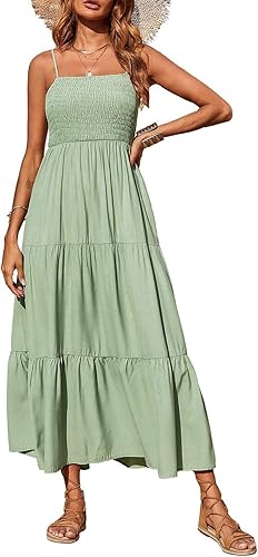 Vestido largo de verano para mujer de PRETTYGARDEN, casual, bohemio, sin mangas, con tirantes delgados, fruncido, para playa, para el sol.