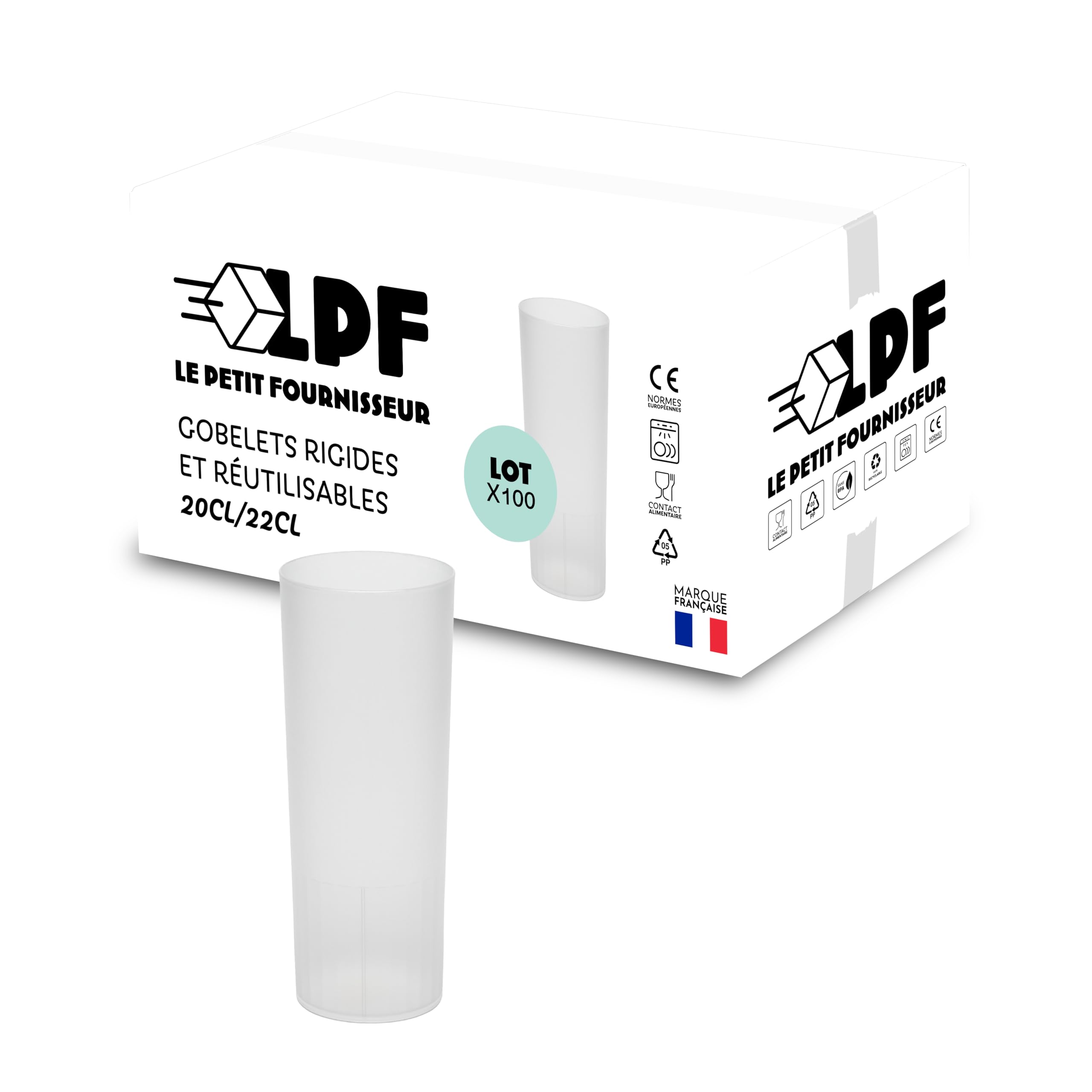 LPF LE PETIT FOURNISSEUR - Lot de 99 Gobelets réutilisables Tubo - 20cl(Usage) 25cl(Max) - Verre à eau, Verre cocktail long drink - Compatible lave-vaisselle - Couleur givrée