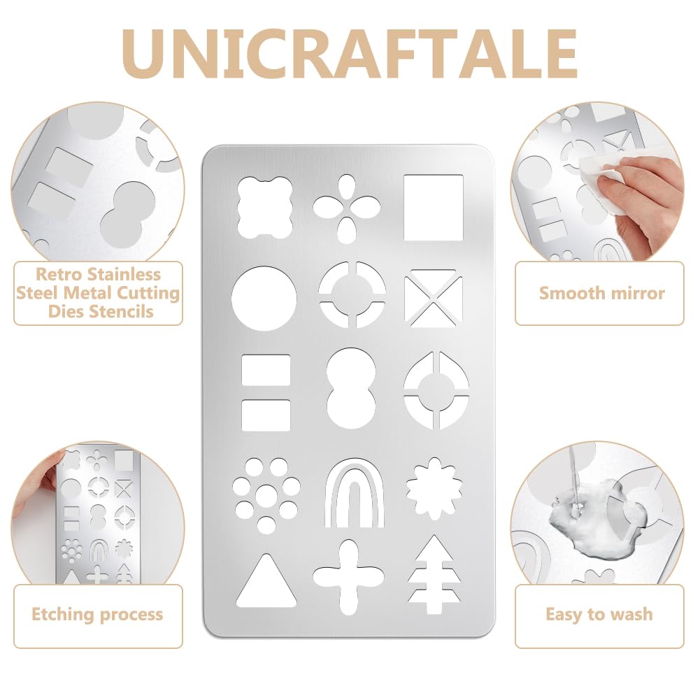 UNICRAFTALE 4 piezas plantilla de metal patrón geométrico cuadrado redondo Satr plantilla de dibujo forma básica de acero inoxidable reutilizable para scrapbooking dibujo tallado grabado quema de