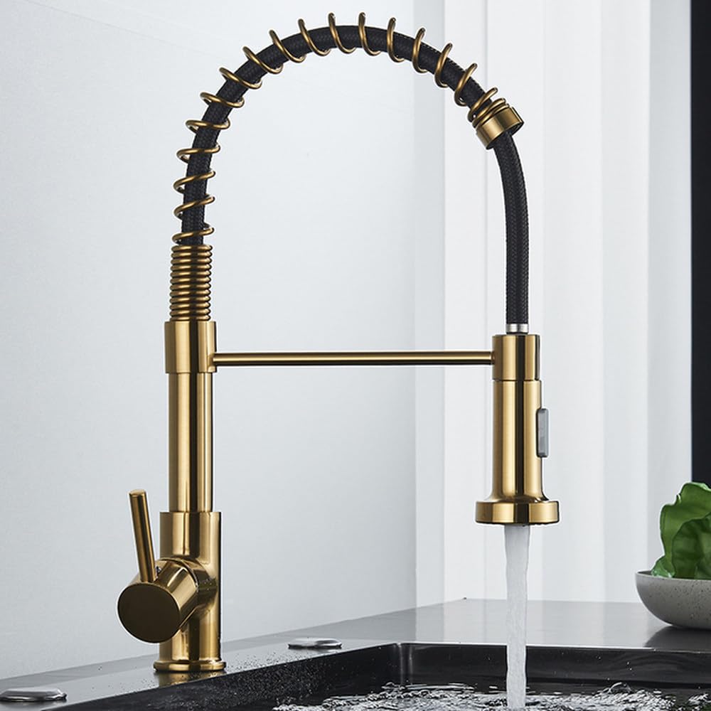 Robinet de cuisine extractible mitigeur noir mat et or brossé pour évier