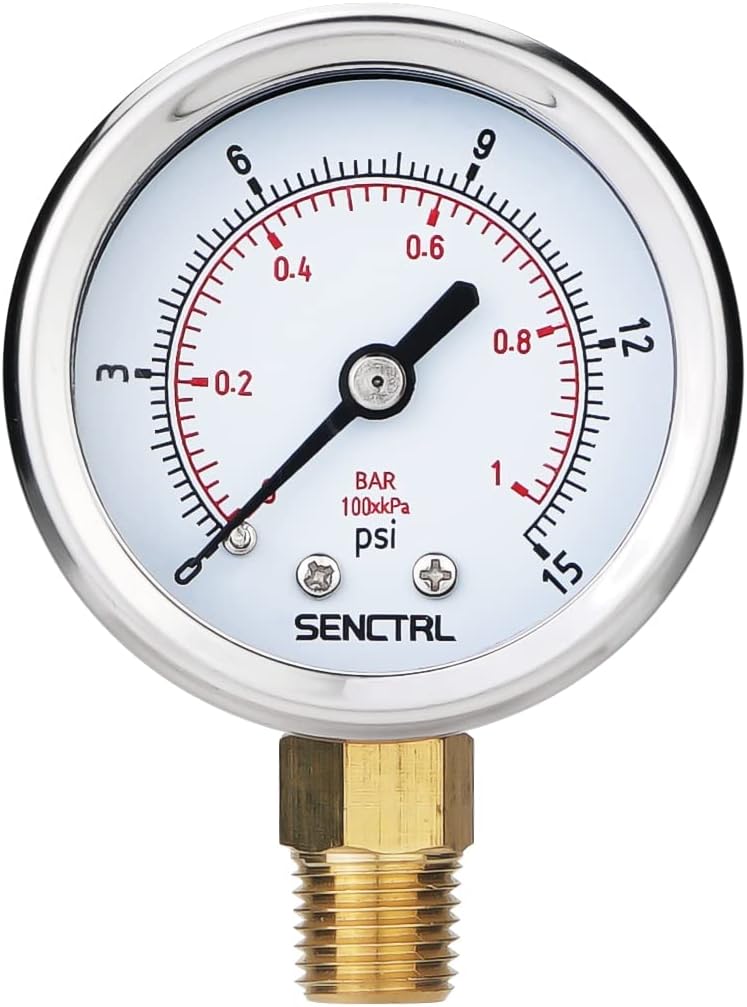 SENCTRL 0-15 Psi Low Pressure Gauge, 2" Dial Size, 1/4 Npt Lower Mount, Waterproof, Stainless Steel Case, for Water Air ATV Tire Gas Pressure Test