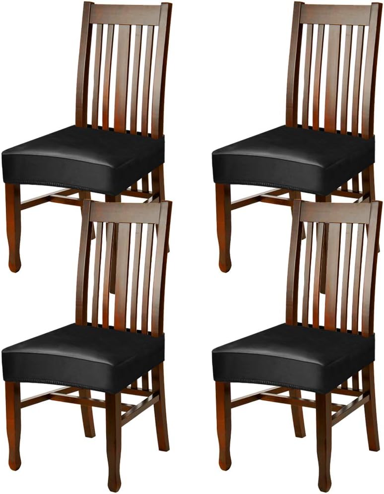Review Fuloon Dining Chair Covers,Solid Pu Leather Waterproof and Oilproof Stretch Dining Chair Protctor Cover Slipcover (Black, 4 Sets)