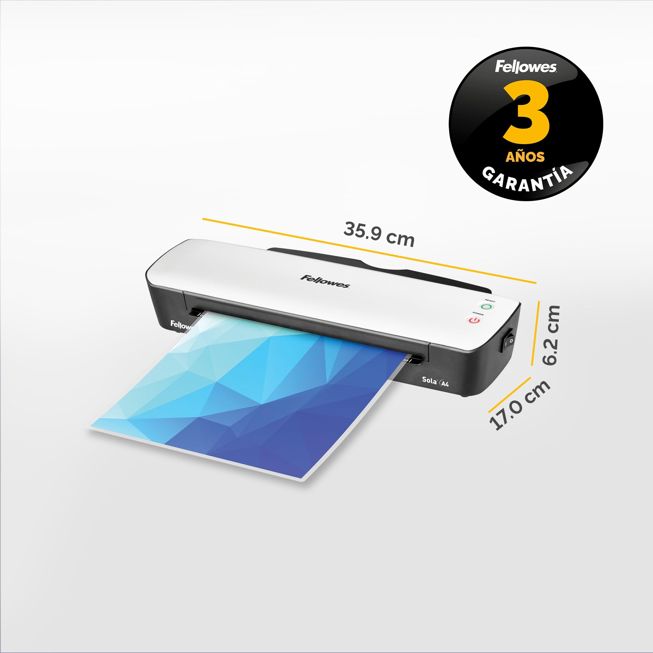 Bundle of Fellowes Sola A4 - Plastificadora de documentos, para uso ocasional, plastificadora A4 con apagado automático, 80-125 micras + Fellowes Pack de 120 fundas de plastificar A4, Acabado brillo