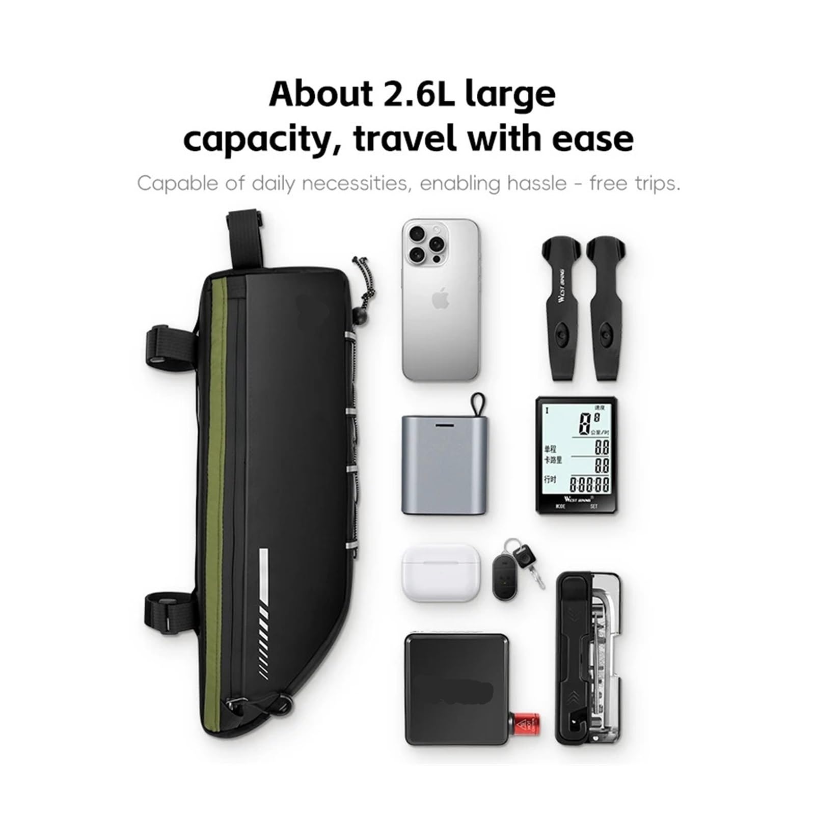Borsa for telaio anteriore for bicicletta impermeabile da 1 pezzo da 2,6 litri