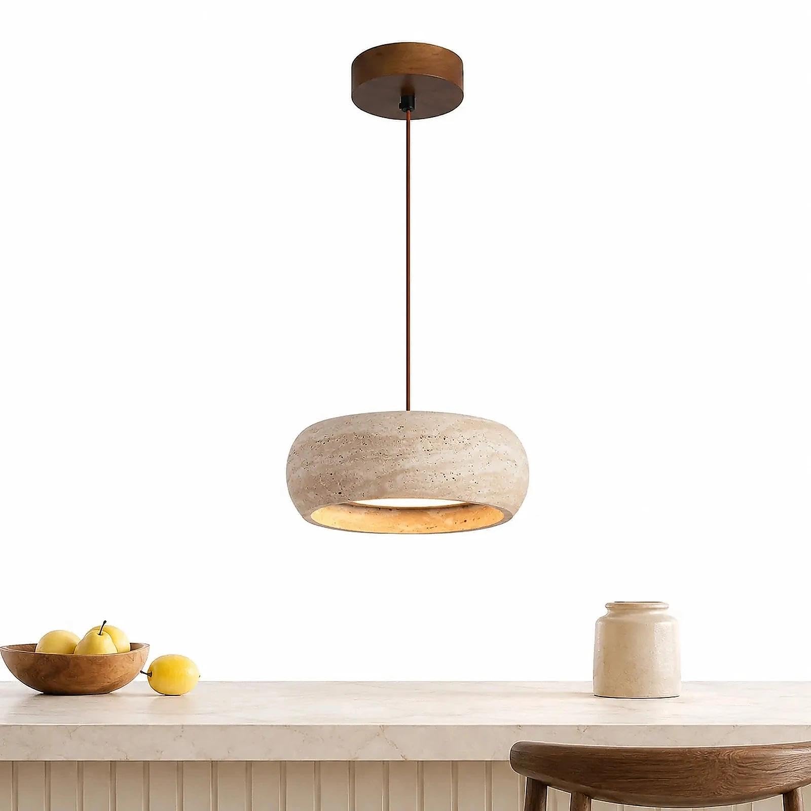 Travertine Pendant Light, Yellow Stone Hanging Lamp with Wood Accent, Nordic Modern Ceiling Fixture for Kitchen Island Dining Room Bedroom Bedside (A)
