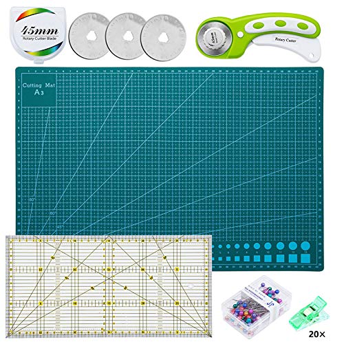 eletecpro A3 Schneidematte Set inkl. Rollschneider, Schneideunterlage, Patchwork Lineal, 20 Stoffklammern,100 Stück Stecknadeln, 3 Ersatzklinge, Stoffschneider Set für Nähen DIY Handarbeit (Blau)