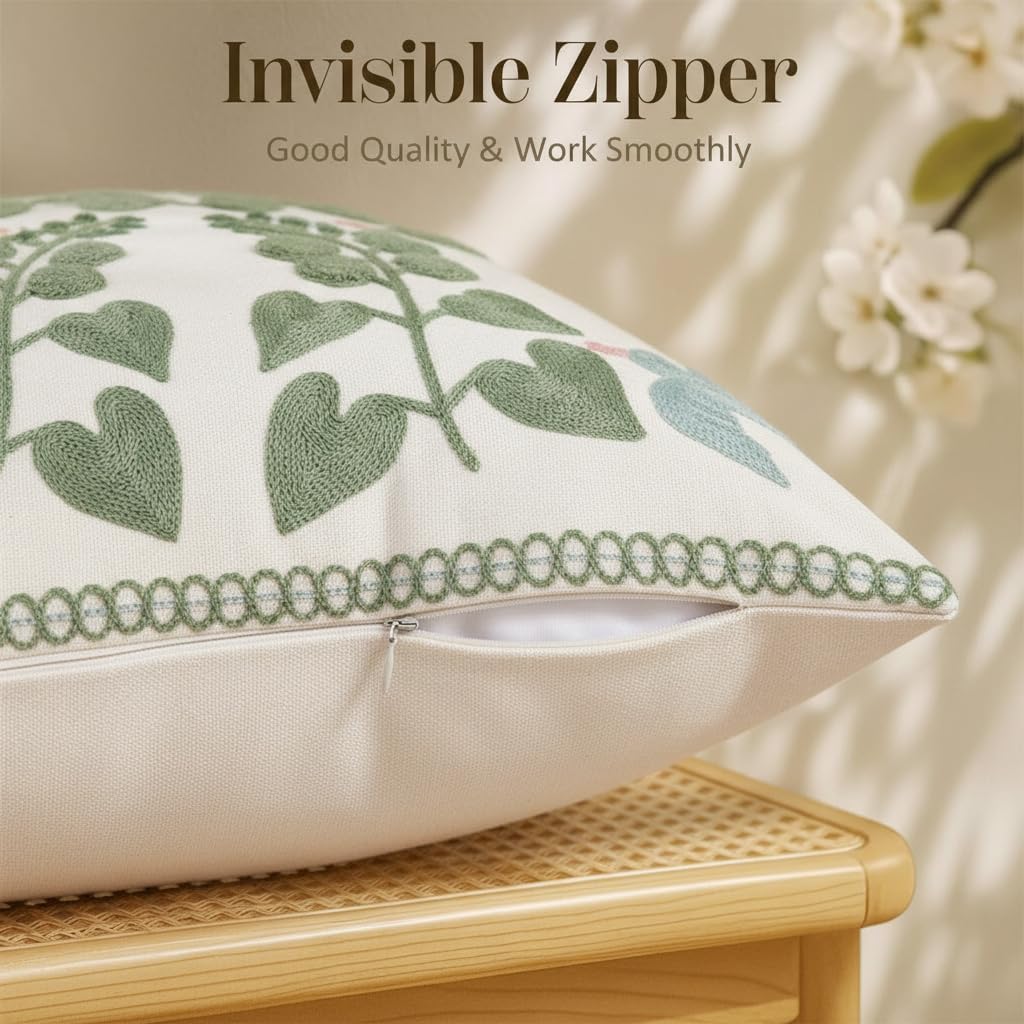 Embroidered Pillow Covers 18x18 Set of 2 Sage Green and Blue Floral Throw Pillows Decorative Farmhouse Spring Boho Accent Cushion Cases for Couch Sofa Bedroom Living Room Home Decor