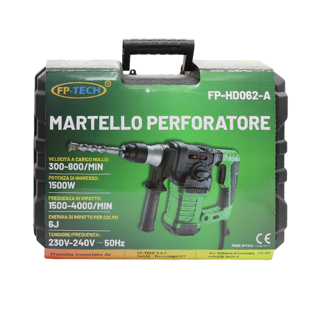 FP-TECH Martello Perforatore Demolitore 1500W 6J SDS Plus | 4 Funzioni, 6 Velocità Variabili, Anti-Vibrazione, Frizione di Sicurezza, Foratura e Scalpello con Valigetta