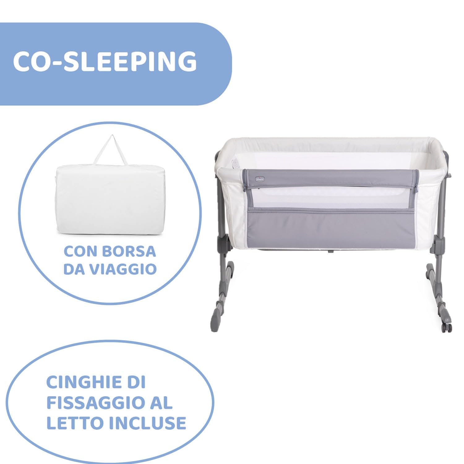 Chicco Next2Me Essential Culla Neonato Fianco Letto, Culla Co-Sleeping, Compatibile con Diversi Letti, Altezza Regolabile, Buona Circolazione dell'Aria, Materasso e Borsa inclusi, 0-6 Mesi, Bianco