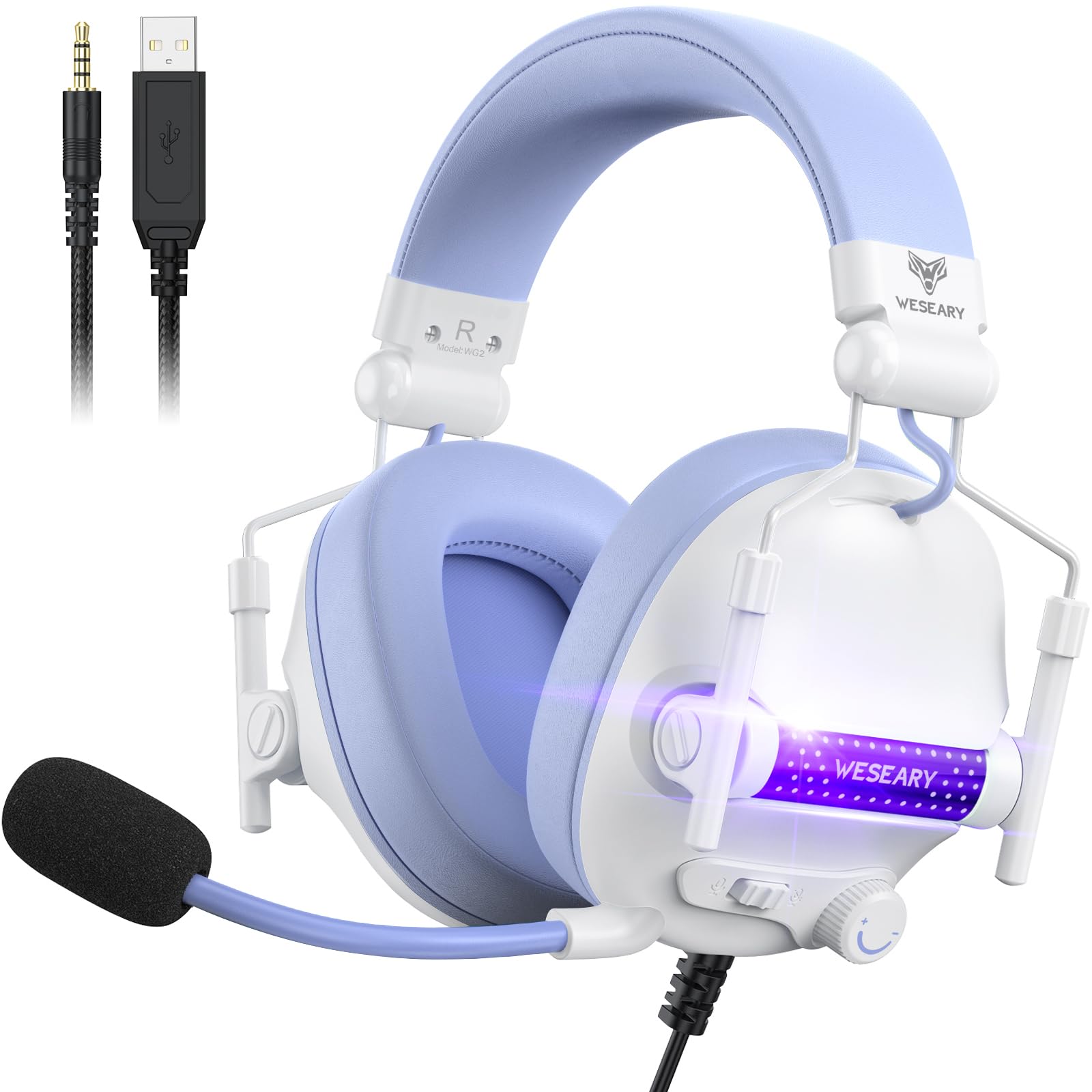 WESEARY Cuffie da Gaming Over Ear, Cuffie PS5 Cancellazione Rumore, Cuffie Gaming Stereo con Mic per PS4/PS5/PC/Xbox One/Switch, Cuffie con Cuscinetti in Memory Foam, Jack da 3,5 mm, Luce RGB