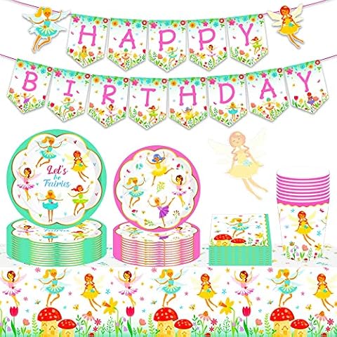 JeVenis Fairy Birthday Banner Fairy Birthday Party Supplies Fairy Party Plates and Napkins Fairy Birthday Party Decoration Fairy Party Tablecloth Fairy Party Favors Fairy Garden Decoration Cover