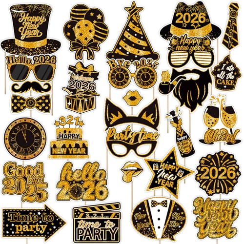 LMSHOWOWO 30PCS Accessoires de Photobooth Nouvel an, Drôle Nouvelle Année Photo Booth Props, Accessoires de Photomaton pour Selfie de Bonne Anée, pour Decoration Nouvel an 2026