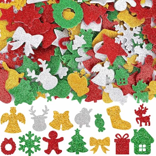 JULBEAR 300Pcs Christmas Glitter Foam Stickers for Xmas Crafts Party Favors