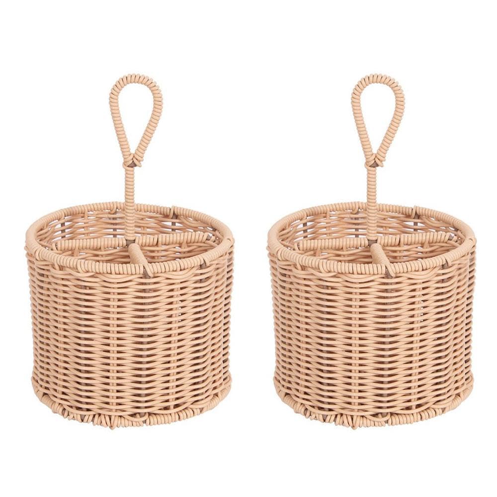 YöL Set of 2 Table Cutlery Rattan Wicker Basket Table Carry Handle Knife Fork Spoon Napkin Summer Outdoor Dining