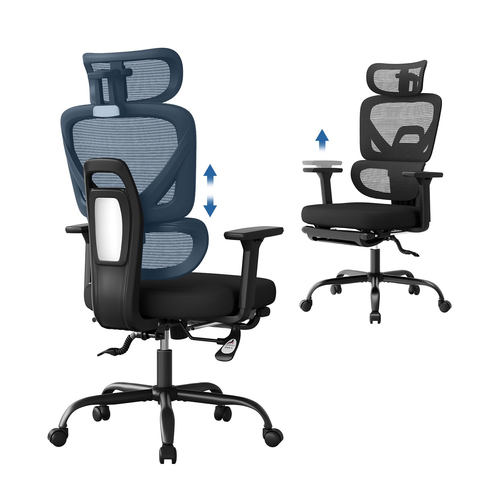 WOLTU Silla de Oficina Ergonómica con Soporte Lumbar y Reposapiés, Negro | Asiento Mullido, Respaldo de Malla Elástica, Reposabrazos Ajustables 3D, Para Estudio u Oficina, Soporte Lumbar y Reposapiés