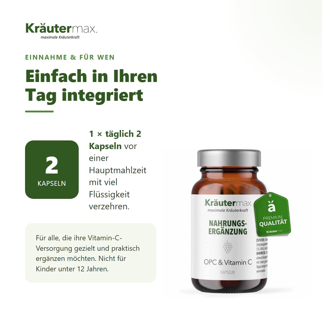 Kräutermax OPC Traubenkernextrakt und Vitamin C Kapseln, Hochdosiert mit Taurin, Kieselerde, Vegan, 90 Kapseln