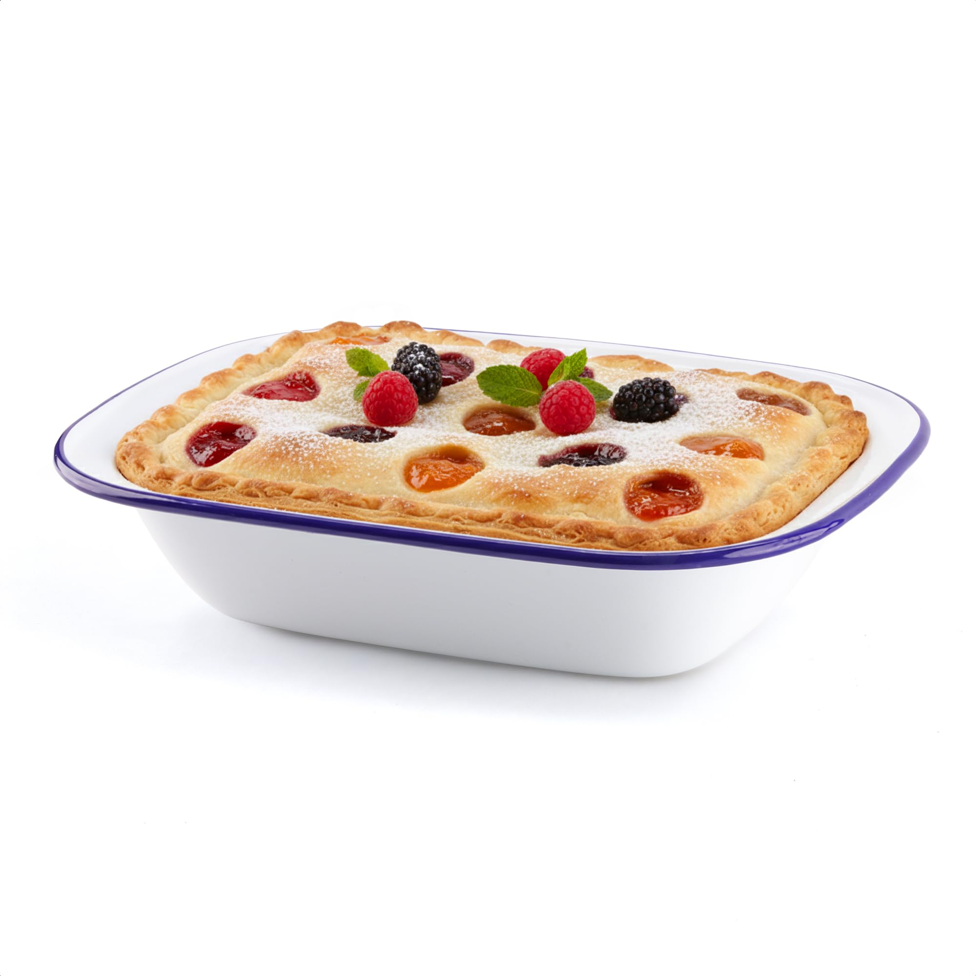 Winsome White With Blue Rim Enamel Pie Dish And Roasting Tin | White Dishwasher Safe Plate Tray For Pudding, Baking, Steak | Oven & Stove Safe (L 28 X W 20.5 X D 6 Cm)