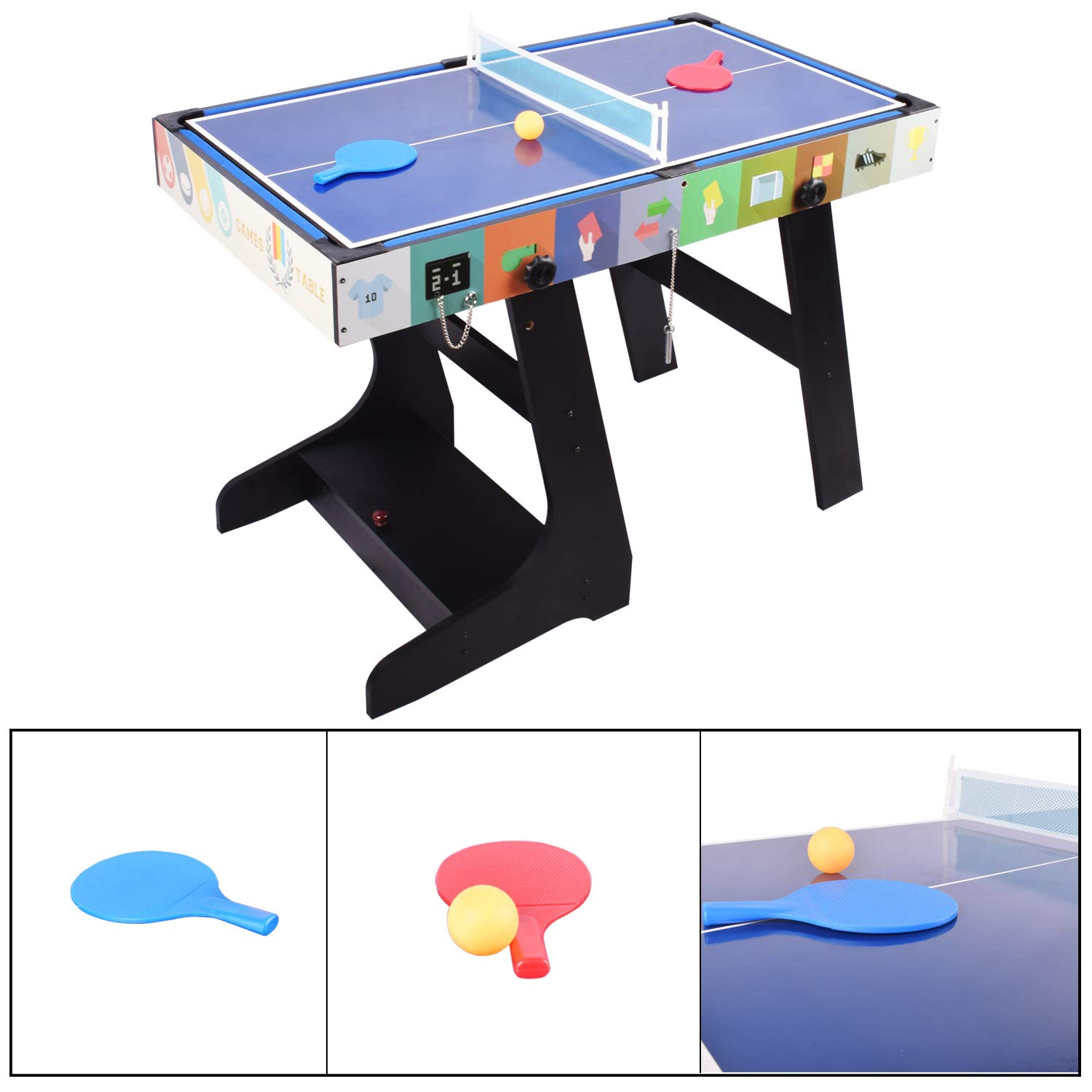 Tavolo da Gioco Pieghevole 4 in 1 Muliti: Biliardo/Snooker, Calcio, Ping Pong, Hockey ad Aria Con Scatola Portaoggetti, 1,2 m