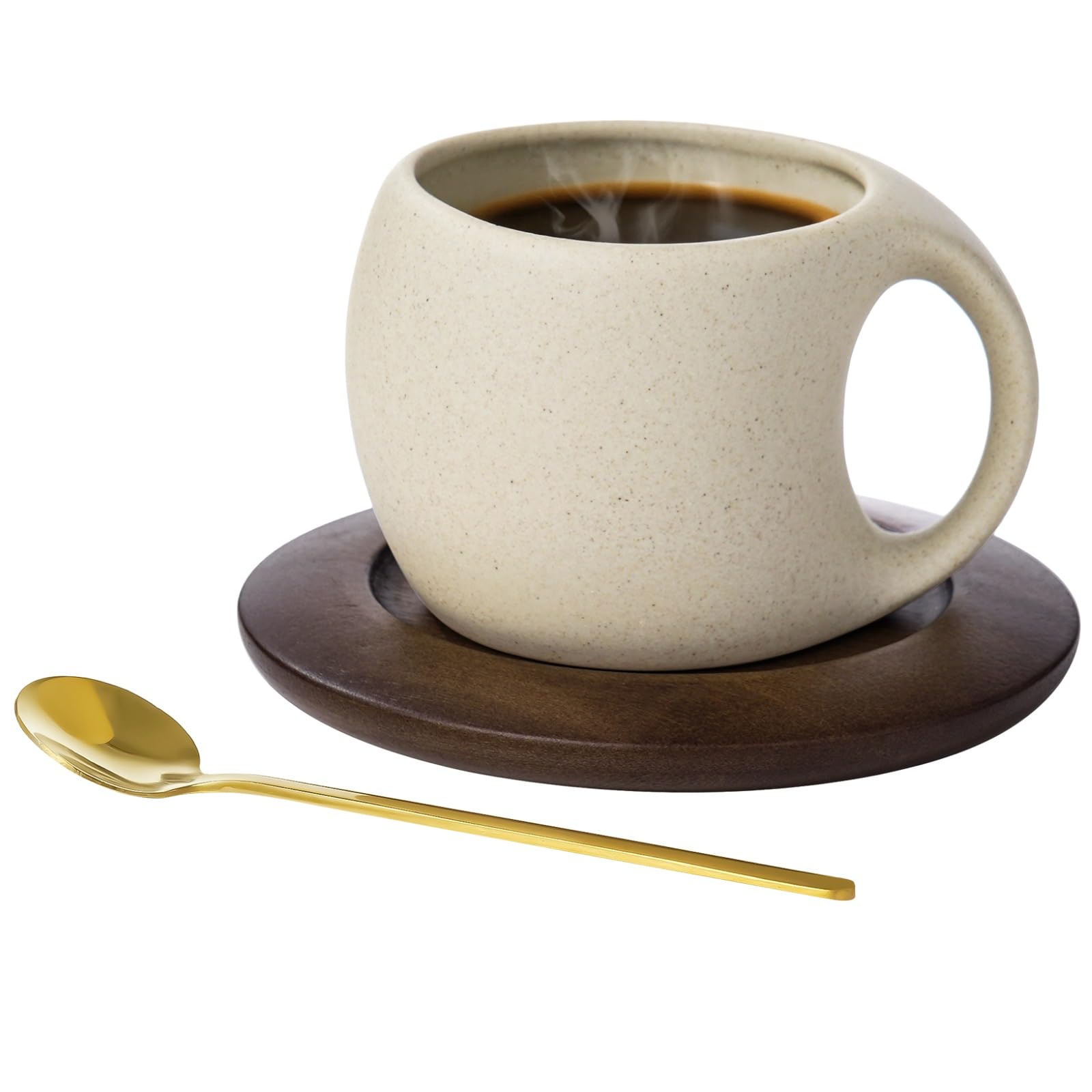 Epicover Ceramic Coffee Mug Set – 8.5 oz Cup with Wooden Saucer and Stainless Steel Spoon, Matte Glaze Tea Cup, Microwave and Dishwasher Safe for Espresso, Latte, and Cappuccino