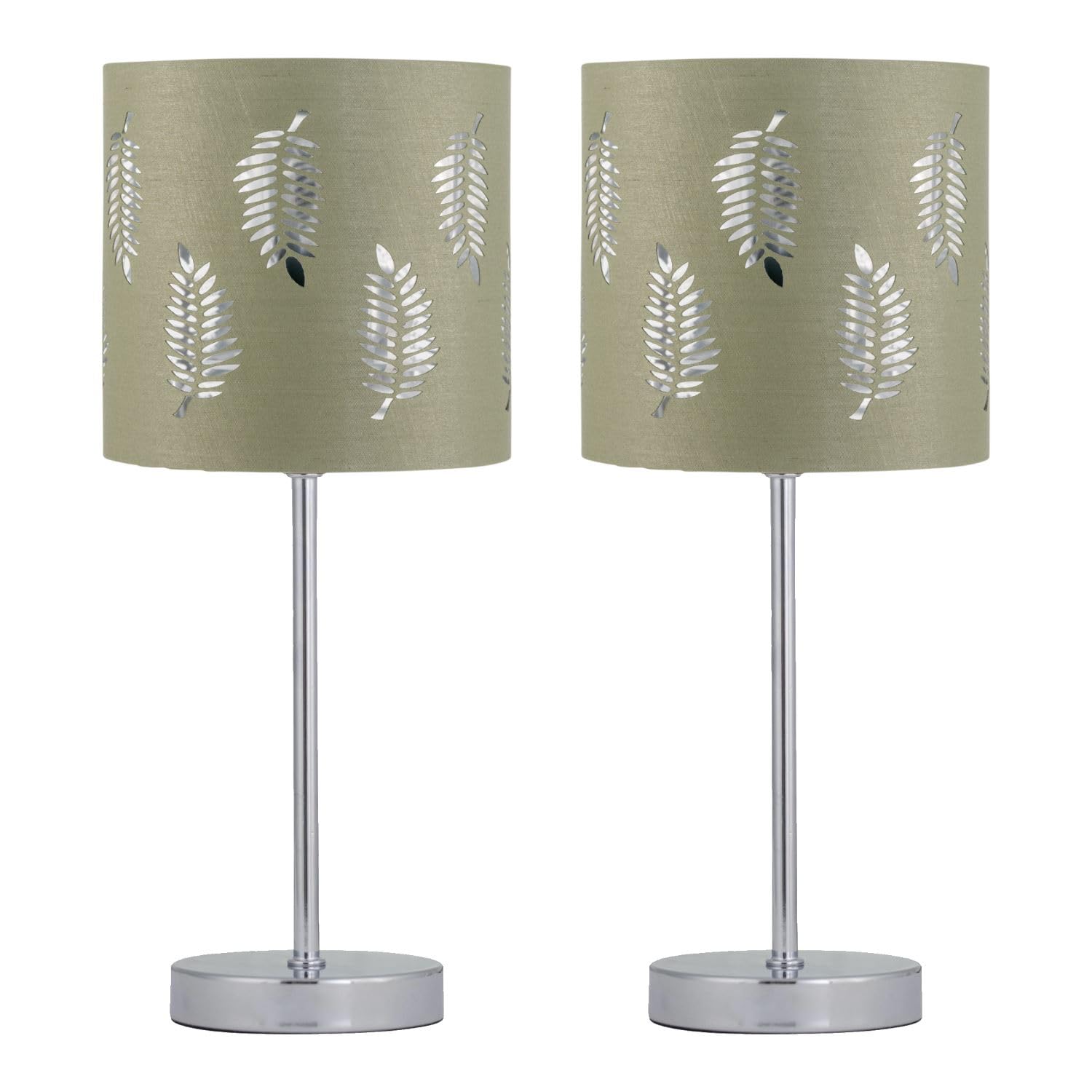 Firstchoicelighting Chrome & Sage Green Set Of 2 Chrome Table Lamps Or Bedside Lights, Modern Touch Operated Design, Sage Green Fern Shade, Height 35Cm, Led Compatible