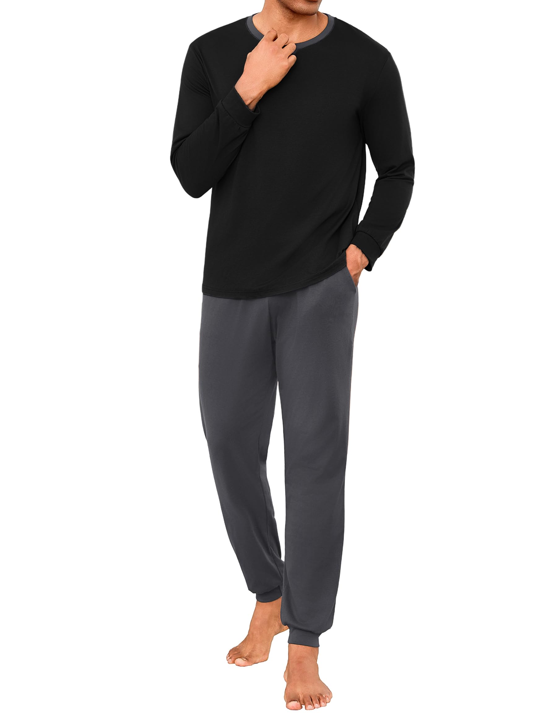 Marvmys Schlafanzug Herren Lang Baumwolle Winter Pyjamaset Schlafanzüge Sleepwear Langarm Shirt Pyjamahose mit Tasche und Bündchen