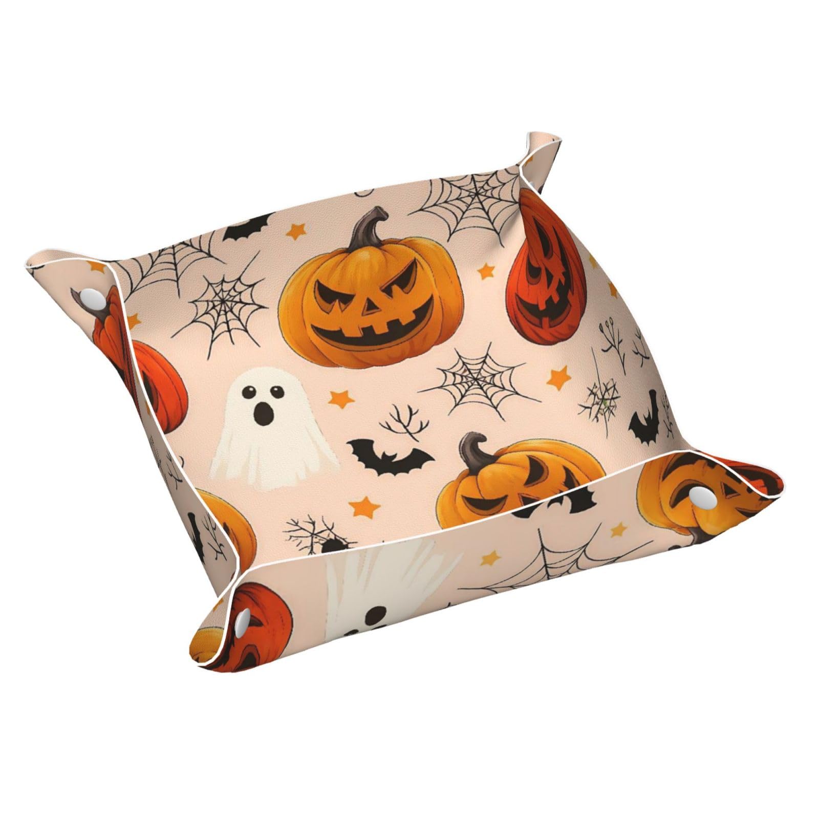 HLBSDM Halloween Pumpkin Bat Ghost Spider Web Tray Men's Leather Valet Parking Portable Entrance Trays Bedside Storage Box