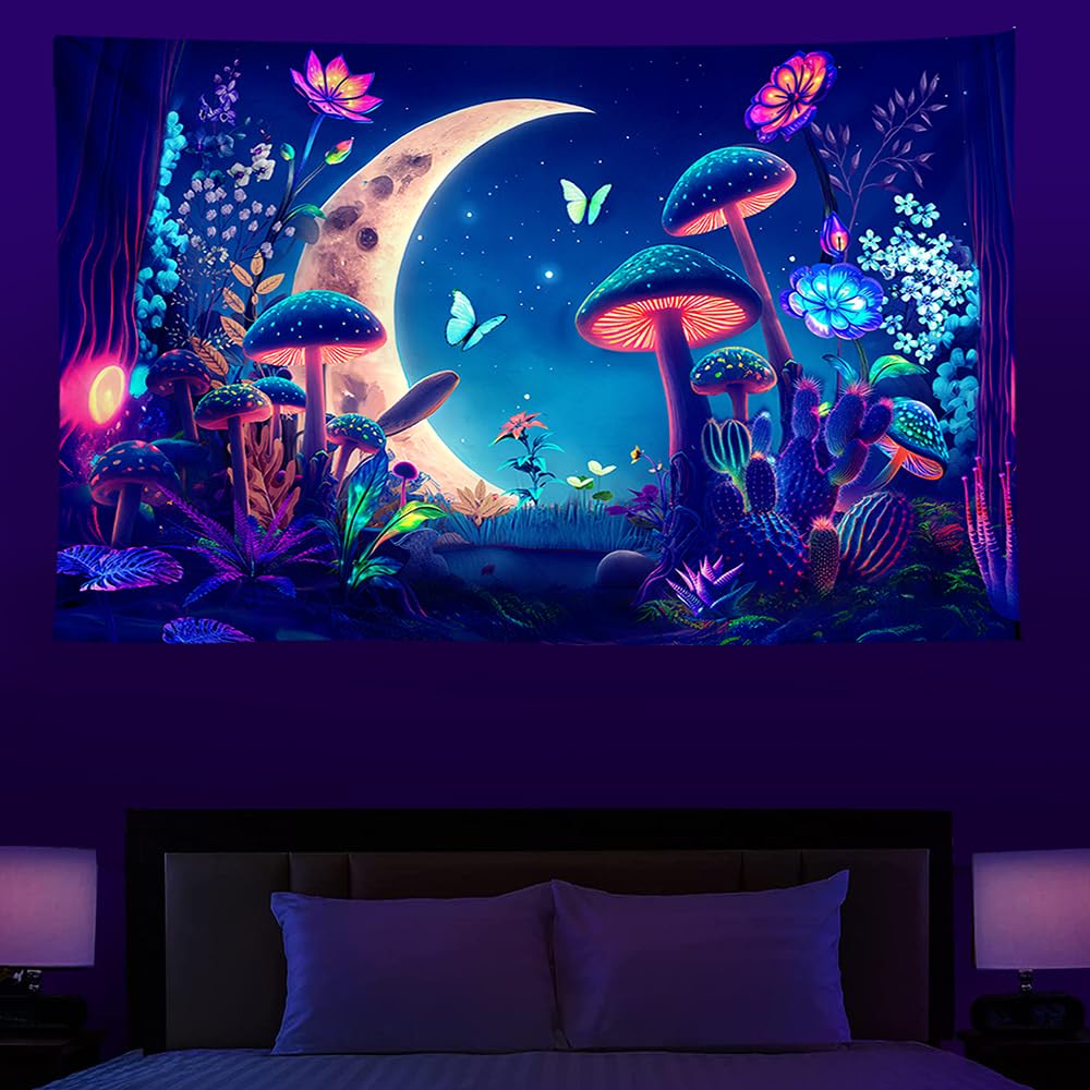 Yosugar Blacklight Reactive Wall Tapestry,Moon and Mushroom Tapestries, Glow Under UV Light Decorative Wall Hanging for Bedroom, Dorm and Living Room (Moonlit Mushroom, 200x150cm)