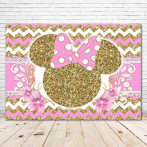 VV Backdrop Minnie Mouse Backdrop Gold and Pink 7x5 Glitter Minnie Mouse Ears Bowtique Background Happy Birthday Vinyl Cherry Flower Minnie Mouse Theme Baby Shower Backdrops for Girl