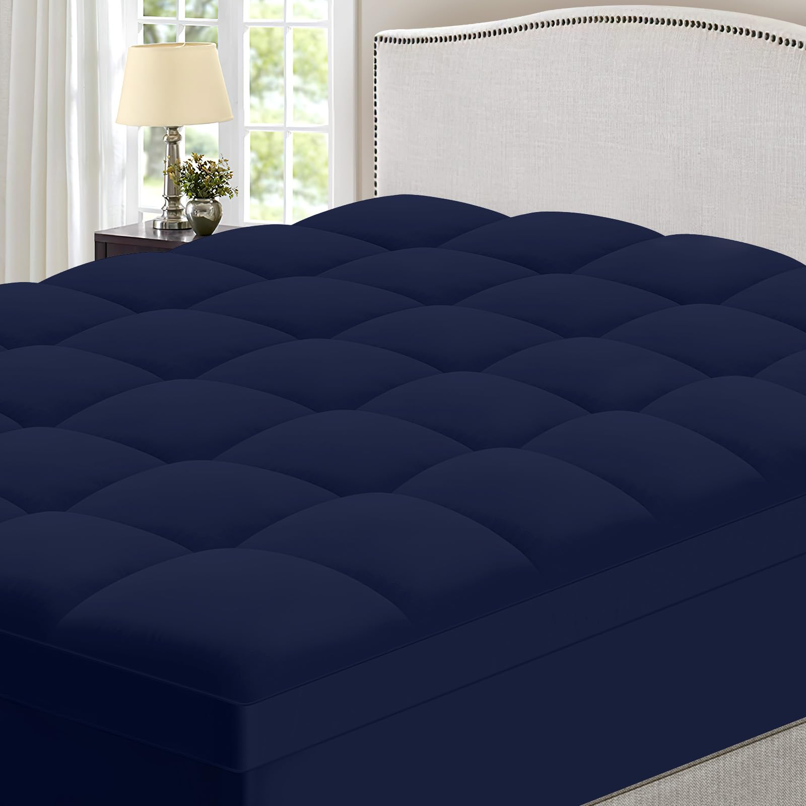 MASVIS Queen Size Mattress Topper for Back Pain - Soft Flat Sheet and Pillowcases - Extra Thick Mattress Pad Cover - Overfilled Pillow Top - 4 Piece Set - Navy Blue