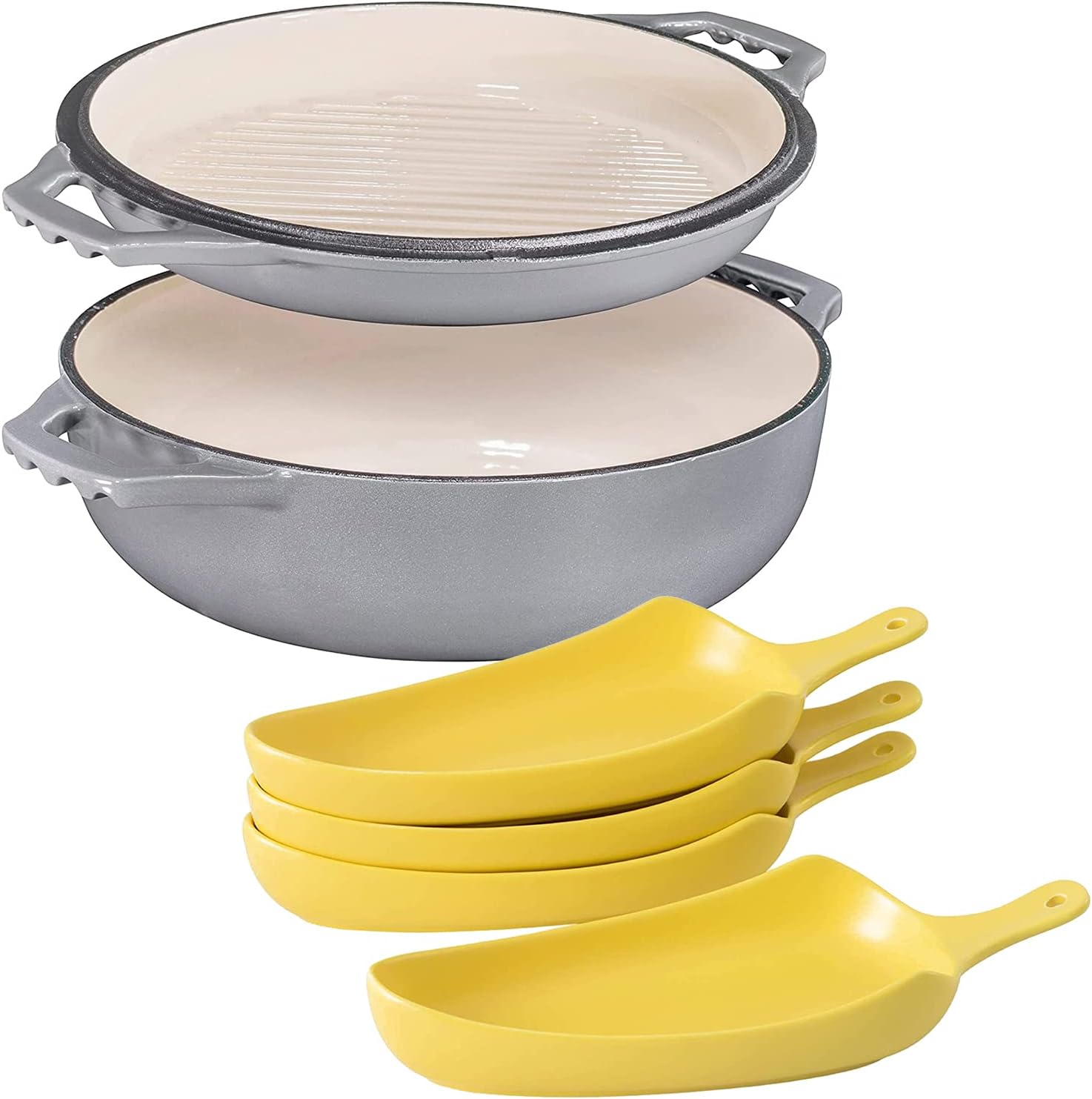 2in1 Enameled Cast Iron Cocotte Double Braiser Pan with Grill Lid 3.3 Quarts