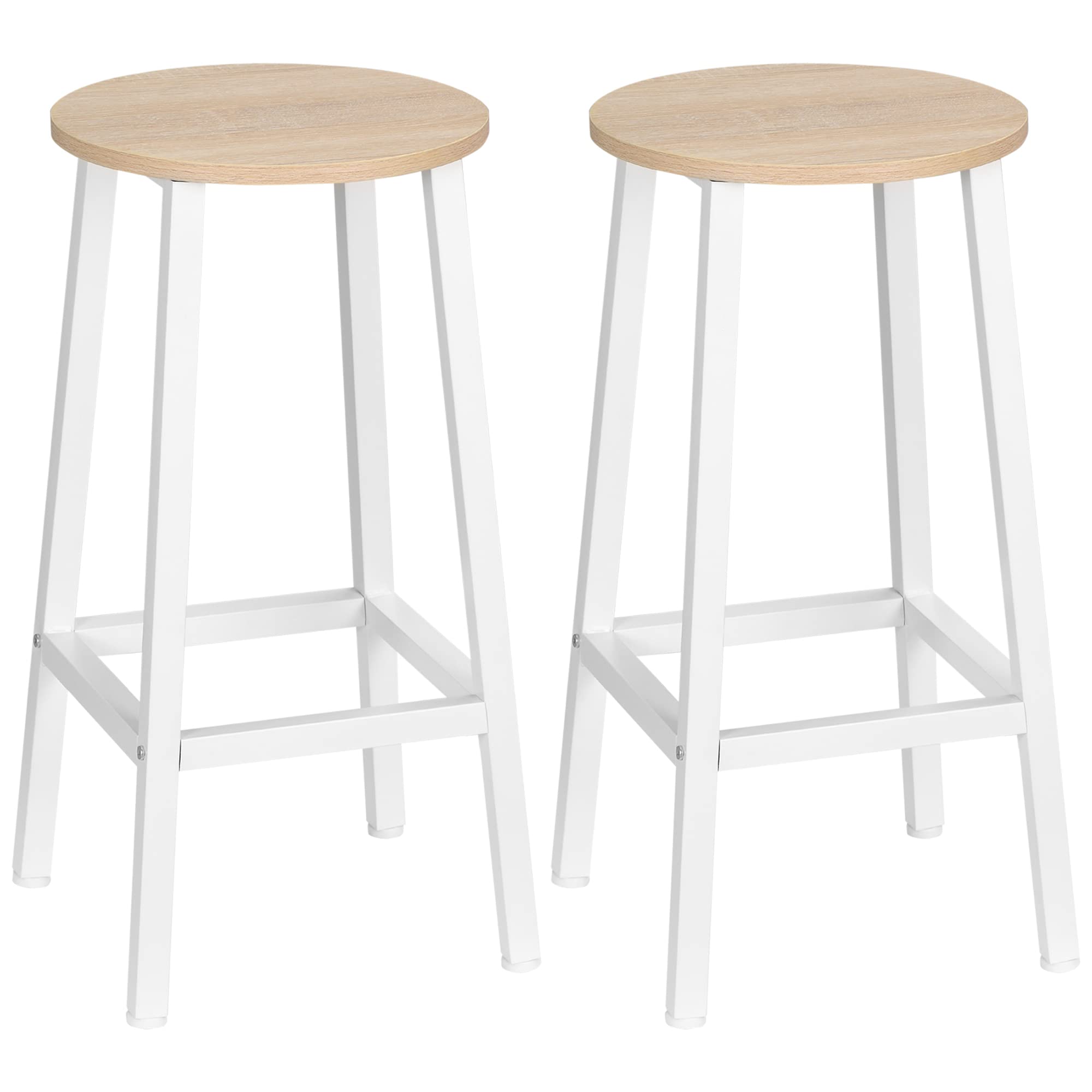 HOMCOM Juego de 2 Taburetes Altos de Cocina Taburetes Altos de Bar con Reposapiés y Patas de Acero Carga 75 kg para Sala Comedor 32,5x32,5x65 cm Natural y Blanco