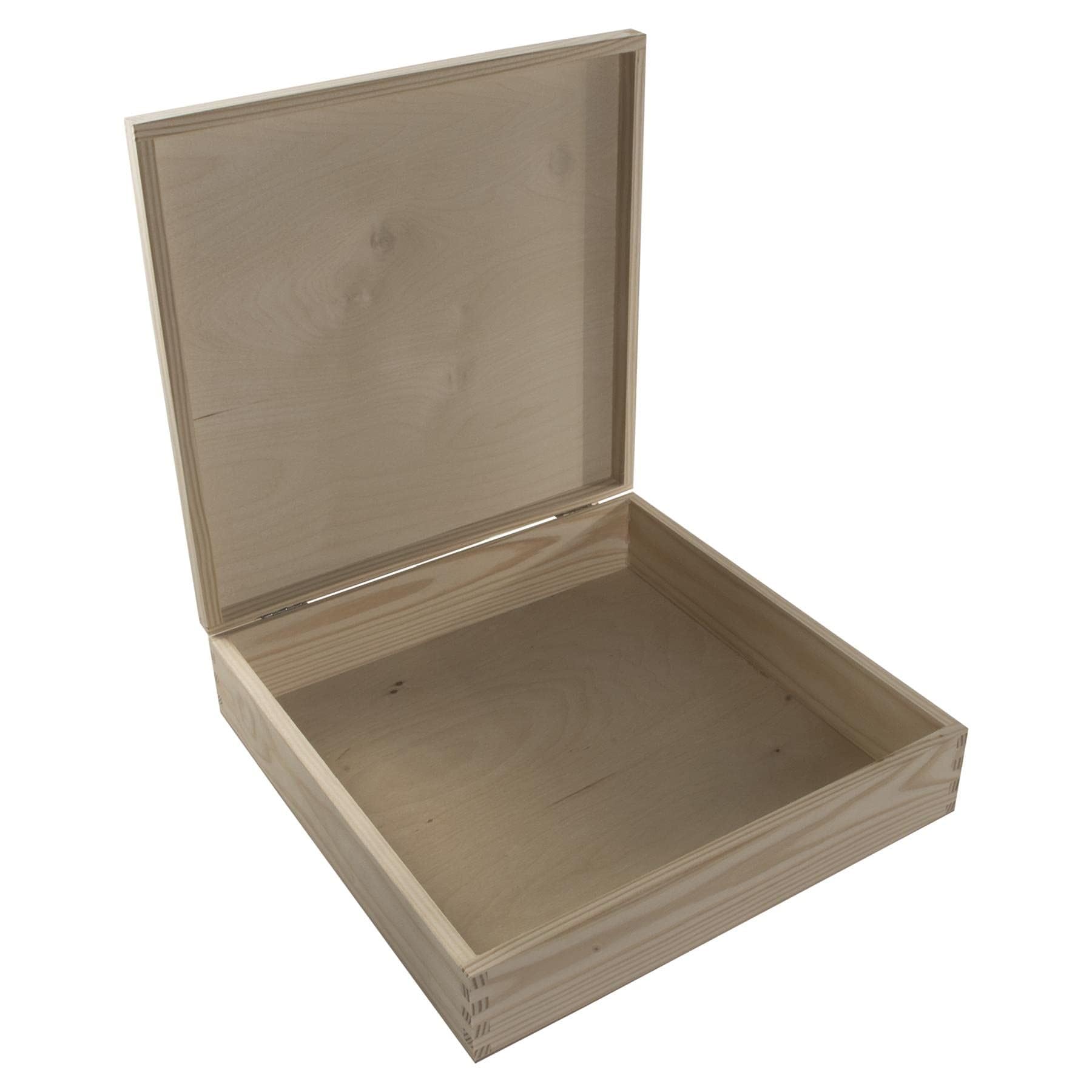 Woodeedoo Natural Large Shallow Square Wooden Box With Hinged Lid - 32 X 32 X 8 Cm – Unfinished Pine Storage For Keepsakes Memories Photos Crafts Flat Gifts Scrapbooking Personalised Projects