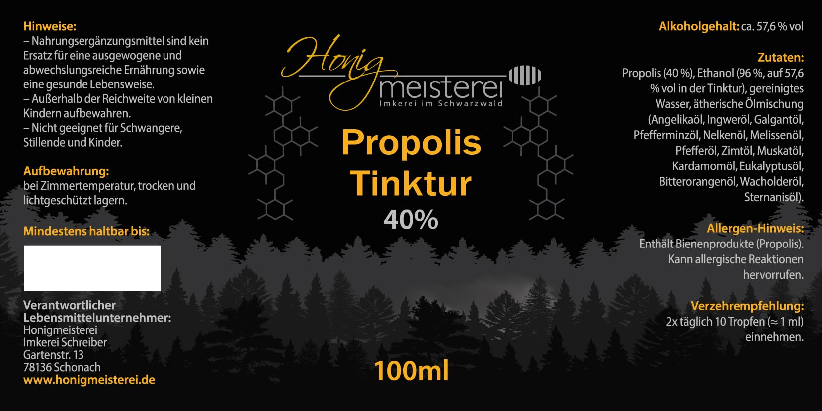 Honigmeisterei Propolis Tinktur 100ml mit 40% natürlichem Propolis, hochdosiert aus Schwarzwälder Imkerei, Tropfen ohne Zusatzstoffe, für die innere oder äußere Anwendung