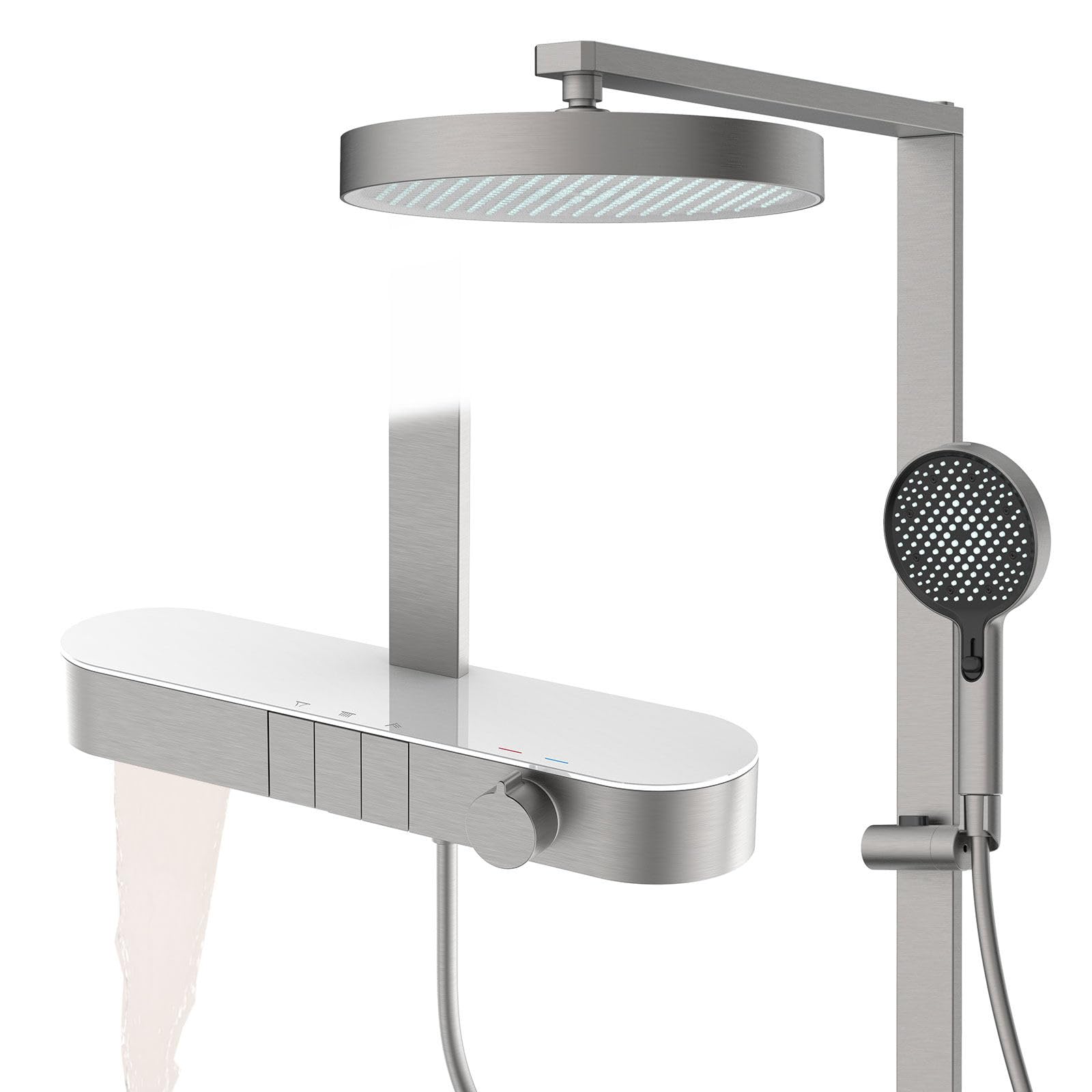 Set Doccia con Miscelatore, HSS0821 Innovativo dei Pulsanti Pianoforte, 12"/320mm Moderno Sistema Doccia, 4 modalità Doccetta, Rubinetto per Vasca, 470mm Ripiano Portaoggetti, Altezza Fissa