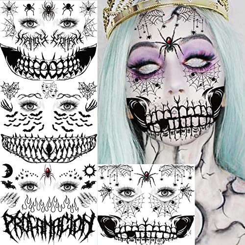 COKTAK 4 Sheet Scary Halloween Face Tattoos For Women Men Adults, Fake Wound Scars Witch Makeup for Halloween Chucky Zombie Makeup Kit, Dia de Los Muertos Day of the Dead Face Paint, 3D Spider Web Face Tattoo Sticker Scratches Halloween Face Decals