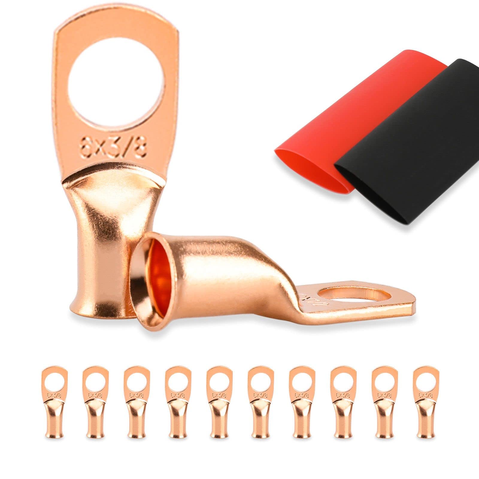 10PCS Battery Cable Ends, 6 Gauge Wire Connectors 3/8 Copper Wire Lugs, Bare Copper Eyelets with Heat Shrink Tubing by HOUSUN